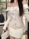 Nukty Sweet Tweed Mini Dresses for Women Elegant Slash Neck Long Sleeves Birthday Party Evening Robe Korean Slim Waist Vestidos Mujer