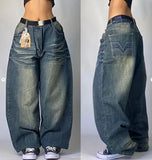 Nukty New American Harajuku Retro Straight High Waist Y2K Street Style Women Washed Blue Pockets Baggy Jeans Gothic Wide Pants