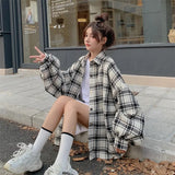 Nukty Grunge Oversized Checkered Shirt for Women Long Sleeve Collared Button Up Shirt Jacket Ladies Outfit