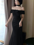 Nukty Sexy Solid Off Shoulder Mermaid Dresses Summer Slim Waist Vestidos Mujer Elegant Ruffles Slash Neck Bodycon Evening Party Dress