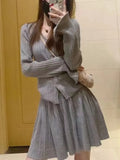 Nukty Y2K Mini Pleated Knitted Skirt Suits Women Autumn Chic Suit Elegant V-Neck Long Sleeve Cardigan Korean Solid Two-piece Sets New