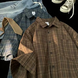 Nukty Japan Vintage Plaid Short Sleeve Shirt for Men Y2k Streetwear Korean Harajuku Loose Casual Half Sleeve Mens Shirts Jacket Coat