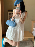 Nukty Summer Elegant Korean Solid Short Women's Dress Sweet Sleeveless O-Neck Loose-Fit Causal Office Lady Ball Gown Mini Skirt
