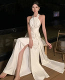 Nukty DRESS TO IMPRESS Elegant Sexy Backless Solid Long Dress Birthday Evening Party Halter Designer White Robe Summer Women Fashion Wedding Vestidos