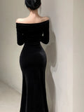 Nukty Women's Sexy Black Velvet Dress Elegant Chic Off Shoulder Lace Split Evening Party Dresses Autumn Female Bodycon Vestidos Mujer