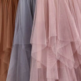 Nukty Women High Waist Ruffles Mesh Long Tulle Skirt Irregular Hem Mesh Tutu Skirt Lady Elegant Solid Party Gown Skirt