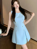 Nukty Elegant French Chic Spring Summer Women's Dresses Blue O-Neck Sleeveless Pleated Korean Dress Party Evening Prom Female Clothes