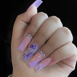 Nukty 24Pcs Coffin False Nails Purple Butterfly Designs Fake Nails with Shiny Rhinestone Wearable French Full Cover Press on Nails