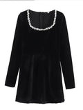 Nukty Women's Elegant Patchwork A-line Dress Fashion Square Neck Long Sleeve Party Dress New Lady Luxury Evening Mini Dress