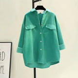 Nukty Women's New Spring Solid Color Shirt Corduroy Shirt Double Pocket Thick Shirt Cardigan Button Polo Collar Long Sleeve Tops