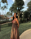 Nukty Vintage Print Backless V-neck Maxi Dress For Women High Waist Ruffles Loose Maxi Dresses New Vocation Beach Sexy Vestidos