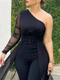 Nukty Women Fashion Casual One Shoulder Plain Sheer Mesh Jumpsuit Elegant Long Sleeve Chic Mesh Solid Patchwork Y2K Streetwear Female