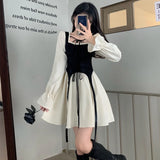 Nukty Spring Autumn Vintage Patchwork Y2k Sweet Kawaii Party Dresses for Women Casual Lace Up Bow Harajuku Long Sleeve Club Mini Dress