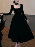 Nukty Autumn Winter Black Velvet Midi Dress Women France Vintage Long Sleeve Square Collar Birthday Party A-Line Vestidos Female Robe