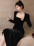 Nukty Elegant Solid Velvet Mermaid Dress for Women Vintage Chic Square Collar Bodycon Evening Party Dresses Female Slim Vestidos Mujer