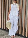 Nukty Simple Cotton Linen Women's Suits Summer Fashion Sleeveless Loose Blouse Wide Leg Pants Two Piece Set For Women Casual Outfits