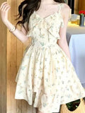 Nukty Elegant French Floral Mini Spaghetti Strap Dress Print Strapless Dresses Women's V-Neck Summer Holiday Beach Festival Clothes