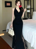 Nukty Sexy Black Lace Hollowed Halter Dresses Women Off Shoulder Backless Slim Mermaid Long Dress High Fashion Party Outfits Vestidos