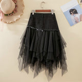 Nukty Summer Denim Jeans Skirt Women Y2K Irregular High Waisted Tulle Skirts Mesh Patchwork Pockets Pleated Mid-Calf Tutu High Street