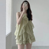 Nukty Boho Dress Vintage Hanging Neck Layer Ruffle Sleeveless Sling  Short Sexy Green Chiffon es Robe Vestidos Mujer Korean