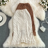 Nukty Boho Summer Beach Sexy Skirts Women Lace-up Crochet Hollow Out Female Sheath Skirts Ladies High Waist Elegant Skirt