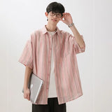 Nukty Summer men Short Sleeve Shirt For Men Striped Loose Polos Lapel Shirts New unisex High Street Pocket Blouse Couple shirt