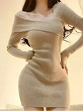 Nukty Korean Style Mini Knitted One-piece Dress Women Coquette Sexy Long Sleeve Tunic Cabaret Dresses Khaki Winter Clothes