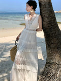 Nukty Elegant Hollow Out Womens Dresses French V-neck Sleeveless Party Long Dress Summer Spring Slim Waist A-line Beach Vestidos New