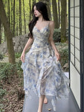 Nukty Sweet Ruffles Print Long Dresses Elegant Spaghetti Strap V-neck Princess Birthday Party Midi Dress Summer Fairy Chic Vestidos