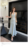 Nukty Elegant Satin Solid Women's Dresses Sexy Halter V-neck  Female Clothing Formal Occasion New Sleeveless Evening Party Long Dress