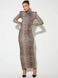 Nukty Leopard Print Long Sleeve Sexy Maxi Dress For Women Autumn Winter Fashion Elegant Turtleneck Printed Bodycon Long Dress