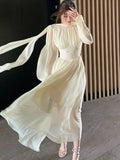 Nukty Elegant Long Sleeve Evening Dresses for Women Spring Slim Lace Up A-Line Party Prom Casual Dress Fashion French Female Clothing