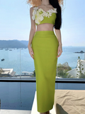 Nukty Summer Elegant Solid Skirt Suits Sexy Spaghetti Strap Floral Top + Slim Waist Long Skirt Holiday Beach Womens Two Pieces Set New