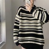 Nukty Autumn Oversized Striped Knitted Sweater Women Vintage Streetwear Loose Long Sleeve Pullover Harajuku Casual O Neck Midi Jumper