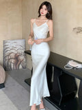 Nukty Elegant Satin Mermaid Dresses for Women V-Neck Long Sleeves Spaghetti Strap Evening Party Dress Prom Robe One Piece Vestidos New