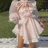Nukty Fairy A Line Pink Organza Short Prom Dresses Puff Long Sleeves Lace Bow Formal Occasion Party Dress Wedding Gowns