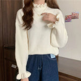 Nukty Women Ruffles Thicken Warm Sweater Mock Neck Flare Sleeve Sweet Pullovers Solid Casual Sweater For Women Fall Winter