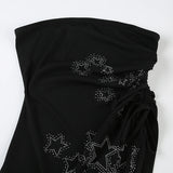 Nukty Star-shaped Rhinestone Slit Crop Top Asymmetric Drawstring Lace-up Strapless Tube Tops for Women y2k Aesthetic Summer Tee