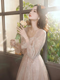 Nukty DRESS TO IMPRESS French Style Square Collar Long Sleeve Long Evening Dress Beading Sequined Prom Dresses Lace Up Tulle Wedding Party Gowns