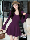 Nukty Autumn Solid Knitted Dresses for Women Elegant Fashion V-Neck Slim Evening Party Mini Dress Female A-Line Casual Vestidos Mujer