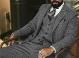 Nukty Gray Wool Tweed Winter Suit for Men Herringbone Slim Fit Formal Groom Tuxedo 3 Piece Wedding Male Suits (Jacket+Vest+Pants)