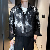 Nukty Summer Fashion White Mesh Shirt  Men Transparent Printing Casual Loose Long Sleeve Tops Streetwear Lapel Party Clubwear Tops