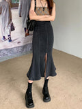 Nukty Black Denim Long Skirt Women Vintage High Waist Split Bodycon Ruffles Pencil Mermaid Midi Skirt Summer Japanese Fashion