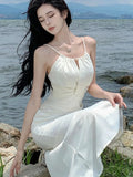 Nukty Spring Elegant Beige Long Dress Women New Fashion Spaghetti Strap Dresses Female Evening Party Prom Robe Summer Satin Gown Mujer