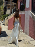 Nukty Summer New Backless Lace-up Satin Dress Women Elegant White High Waist Slim Sling Dresses Female Chic Street Vocation Robe