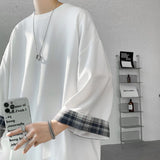Nukty  men t shirts Summer Men's T-shirts Women Oversized 2XL Korean Style Loose Plaid T-shirt Casual Seven sleeves T-Shirt Male White