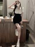 Nukty Dresses Women Fake Two Pieces Slim Patchwork Sexy Fashion Streetwear Summer Holiday Cute Turn-down Collar Charming Daily Popular