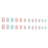 Nukty 24Pcs Square Head False Nails with Glue Pink Wavy Line Design Fake Nails Artifical Finished Press on Nails Full Cover Nail Tips