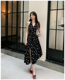 Nukty Dot Chic Retro Elegant French Style Polka Sling Dresses Bow Backless Slim Waist Halter-neck Split Dress Spring Summer New