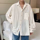 Nukty Shirts for Men Hollow Out Lapel Men Blouse Vacation Sexy Handsome Fashion Men Clothing Mesh Long-sleeved Shirts Black/Apricot